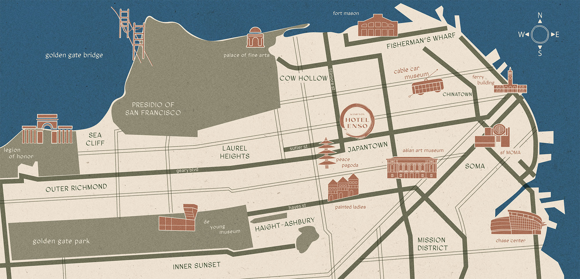 artistic map of the Kimpton Hotel Enso in San Francisco